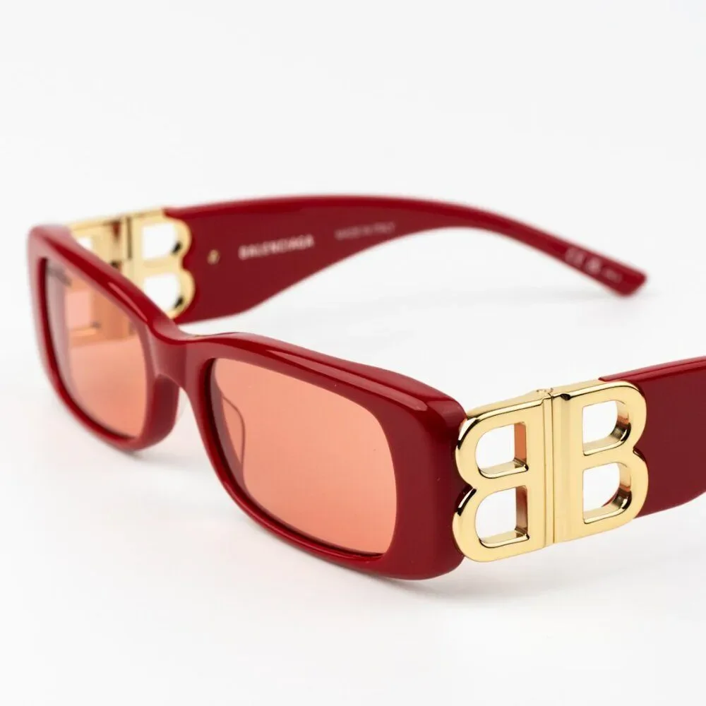 SALE! NEW Balenciaga BB0096S 003 Red Gold Logo Rectangle Women Sunglasses